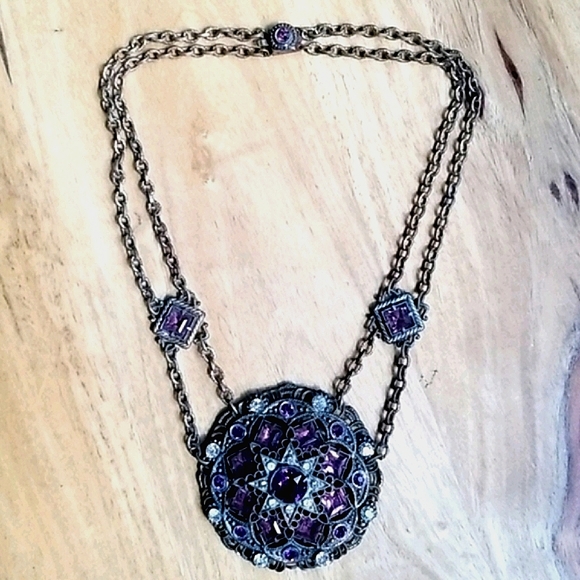 Vintage Antique 1920s Art Deco Gold Tone Brass Rhinestone Medallion Necklace - Picture 7 of 16